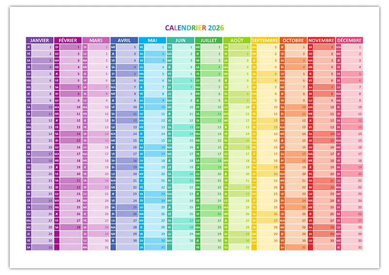 Calendrier multicolore 2026 avec mois verticaux