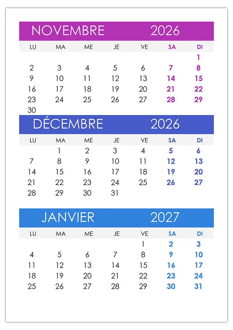 Calendrier novembre, décembre 2026 et janvier 2027