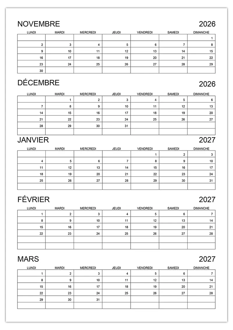 Calendrier novembre, décembre 2026, janvier, février, mars 2027