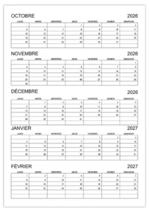 Calendrier octobre, novembre, décembre 2026, janvier, février 2027 calendrier-octobre-novembre-decembre-2026-janvier-fevrier-2027