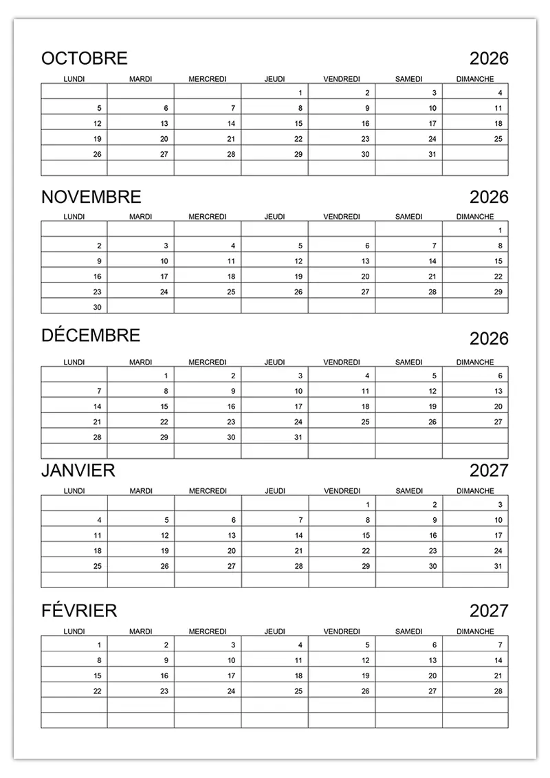 Calendrier octobre, novembre, décembre 2026, janvier, février 2027